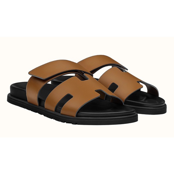 Hermes Chypre Sandal Mens Black Brown Leather H Logo Slide Slip On Flat 44 11 - Picture 2 of 12